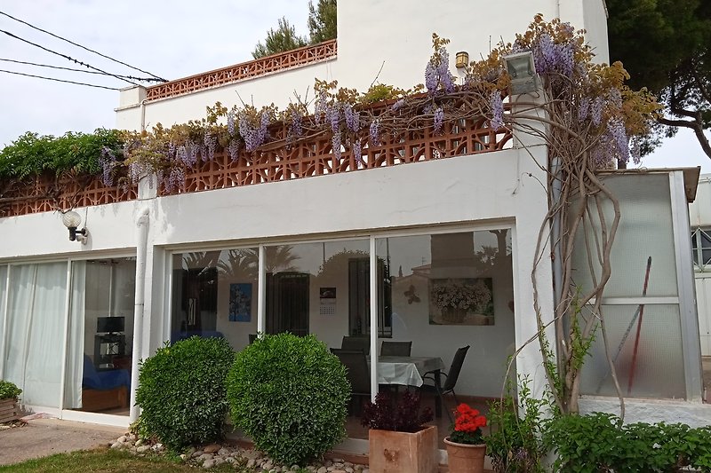 Encantadora casa con jardín y flores, terraza con glicinias