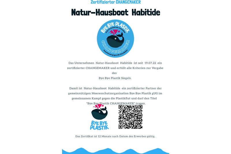 Zertifikat. Die Habitide ist Partner der Meeresschutzorganisation ByeByePlastik.com im Kampf gegen die Plastikflut.