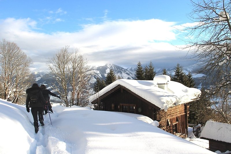 Gemütliches Holzhaus mit winterlicher Berglandschaft und verschneitem Dach.