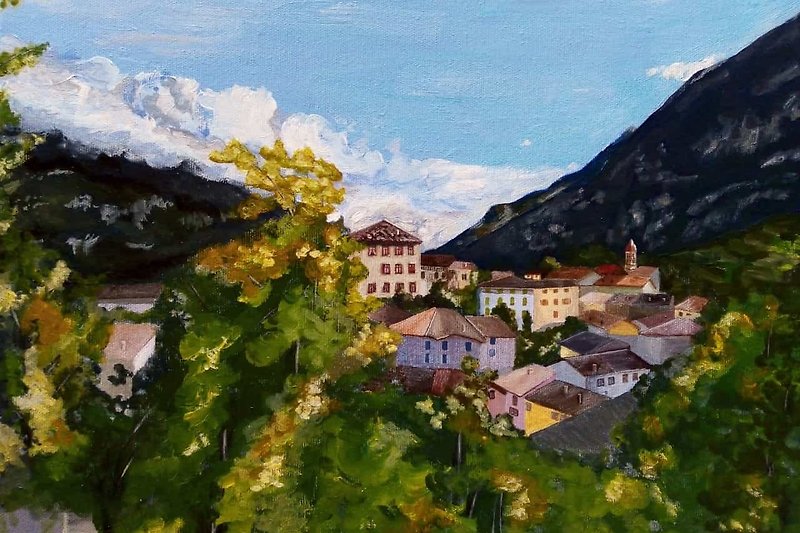 Gemälde des Dorfes Calavino vom Haus aus - Malerin Silke Gonder, unsere Gästin