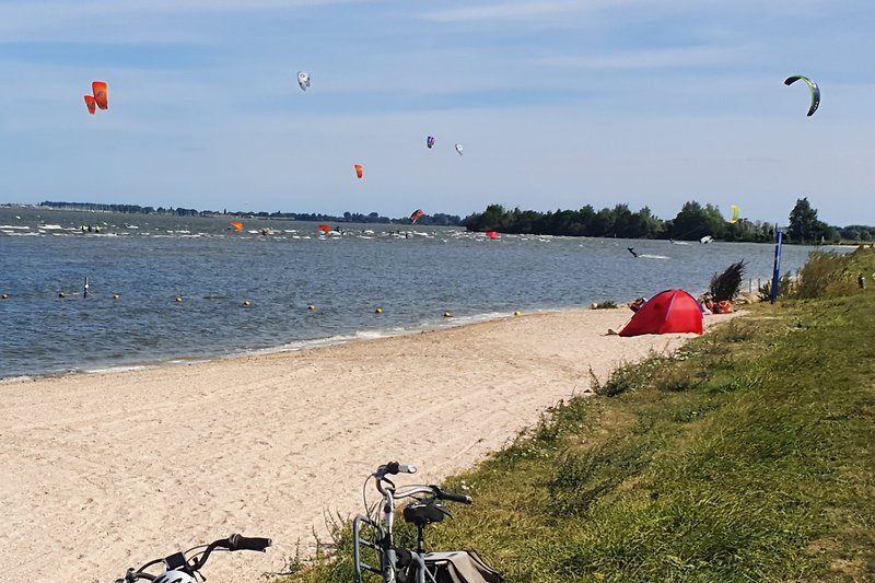Geniet van de zomerse wind en het kitesurfen op het strand aan het meer.