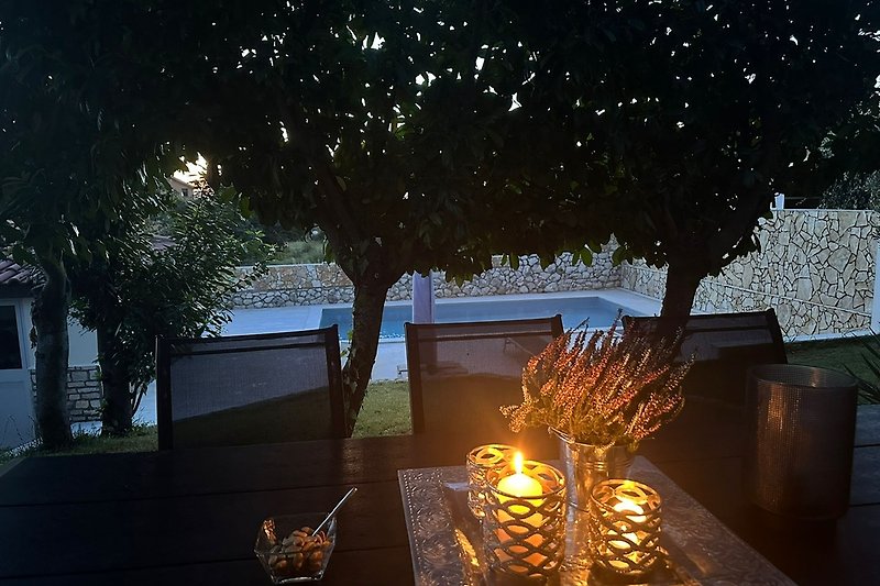 Ein idyllischer Garten mit schattigem Baum und gemütlichem Sitzplatz am Abend.