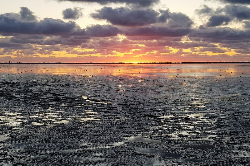 Sonnenuntergang mit Blick aufs Wattenmeer und Norderney