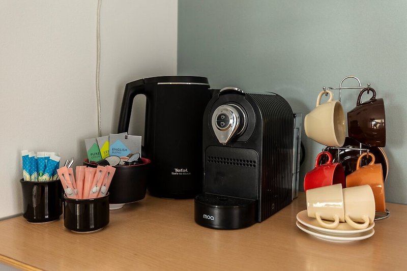 Koffie & Thee faciliteiten, koelkast, glazen, borden en bestek aanwezig op de kamers
