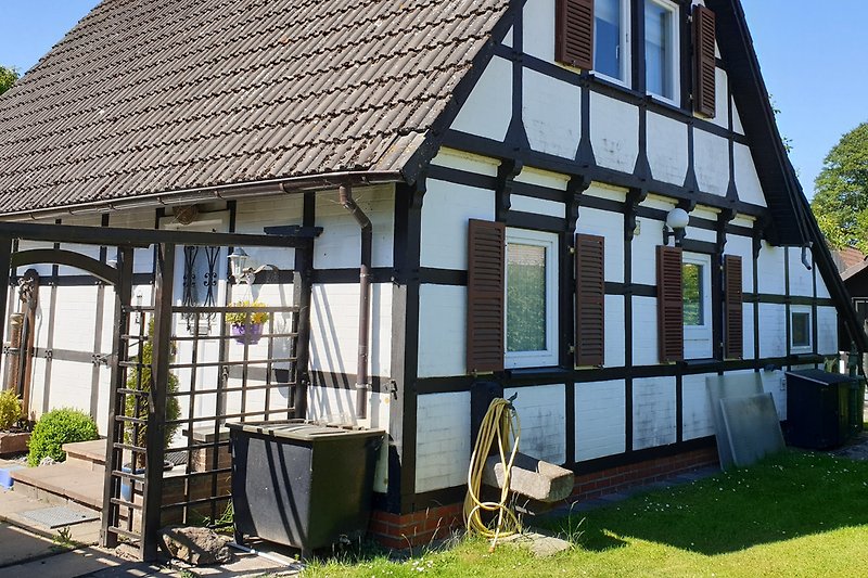Blick zum Haupteingang links und hintere Hausseite