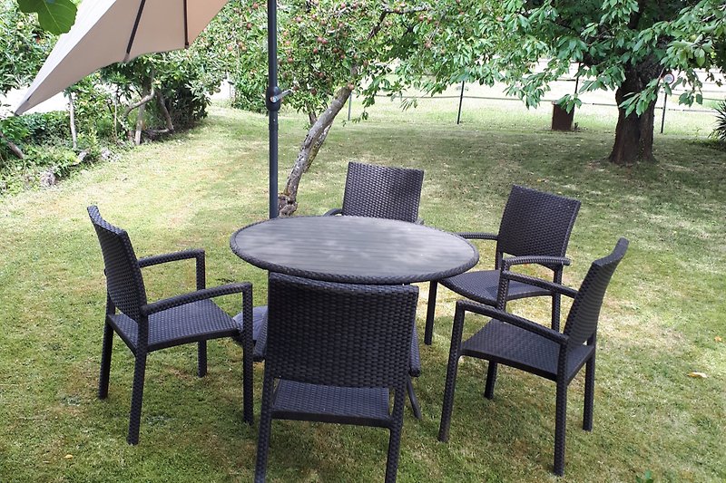 Jardin avec mobilier extérieur.