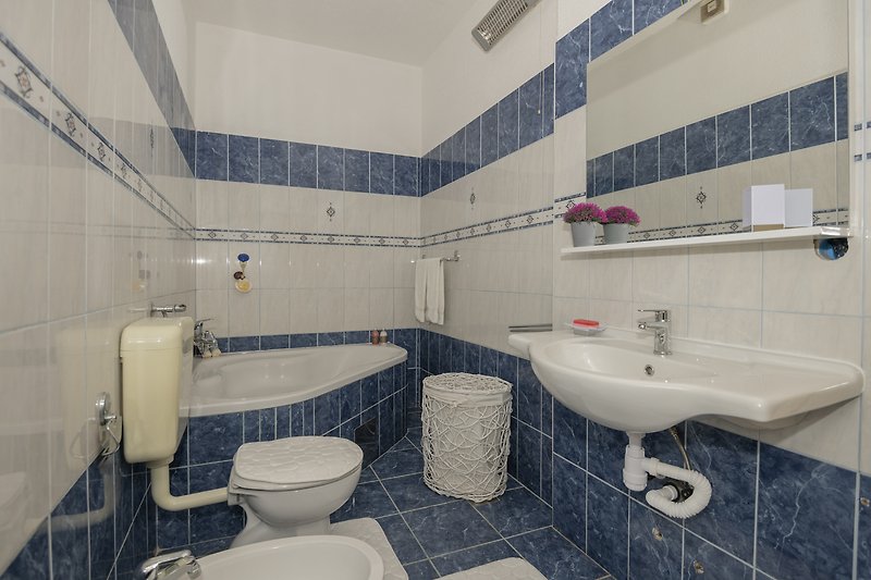 Moderan kupaonski prostor s lijepim umivaonikom i velikom  kadom.