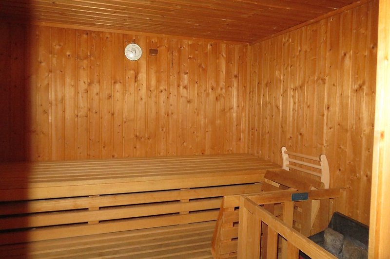 Die Sauna mit originalem finnischen Ofen.