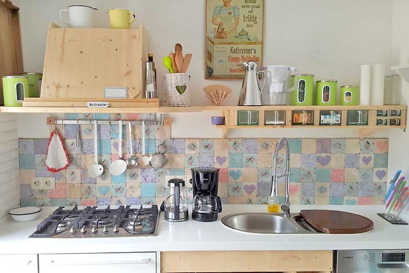 Küchenzeile mit Gasofen, Dunstesse, Spülmaschine und DIY-Vintage-Fliesen