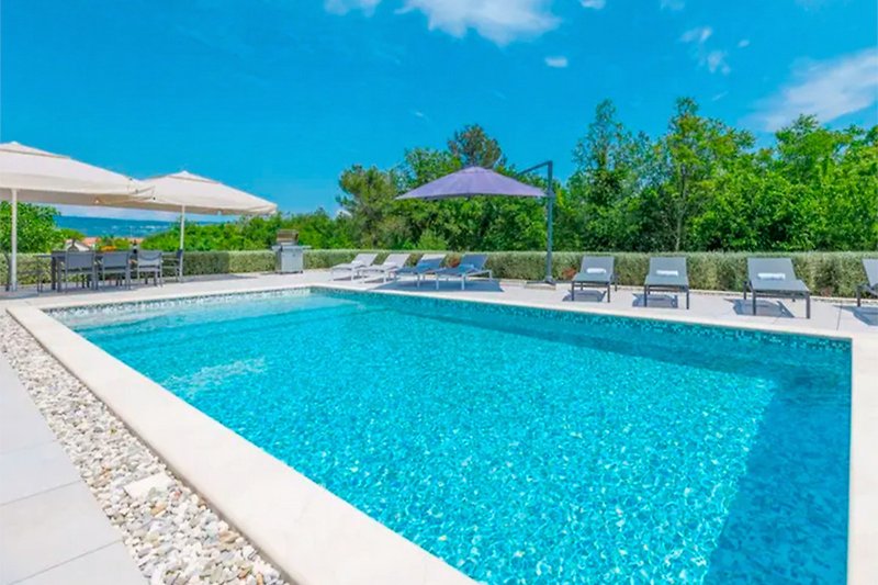 Luxuriöser Pool mit Palmen, Sonnenliegen und blauem Himmel.