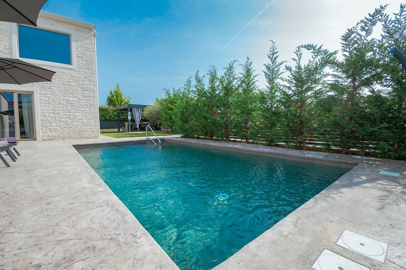 Schwimmbad mit blauem Wasser und umgeben von Pflanzen und Gebäuden. Entspannen Sie sich im Freien.