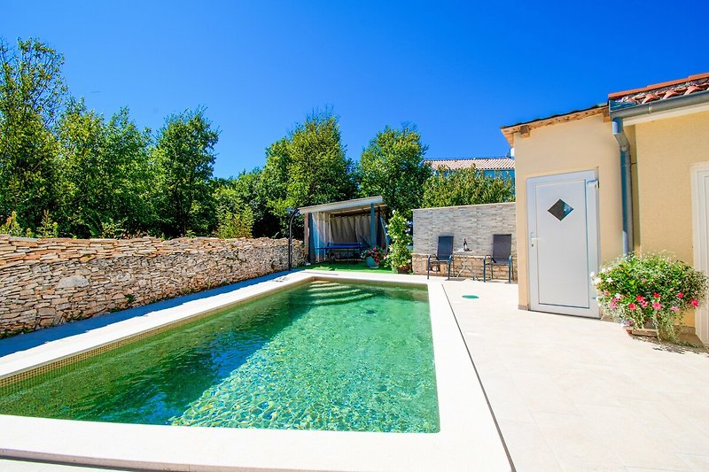 Schwimmbecken umgeben von grünem Garten und einem schönen Haus.