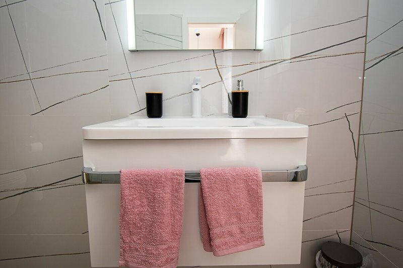 Schönes Badezimmer mit Holzmöbeln, stilvoller Dusche und elegantem Design.