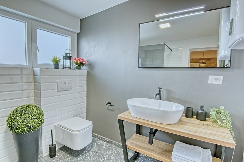 Badezimmer mit Spiegel, Waschbecken und Pflanze.