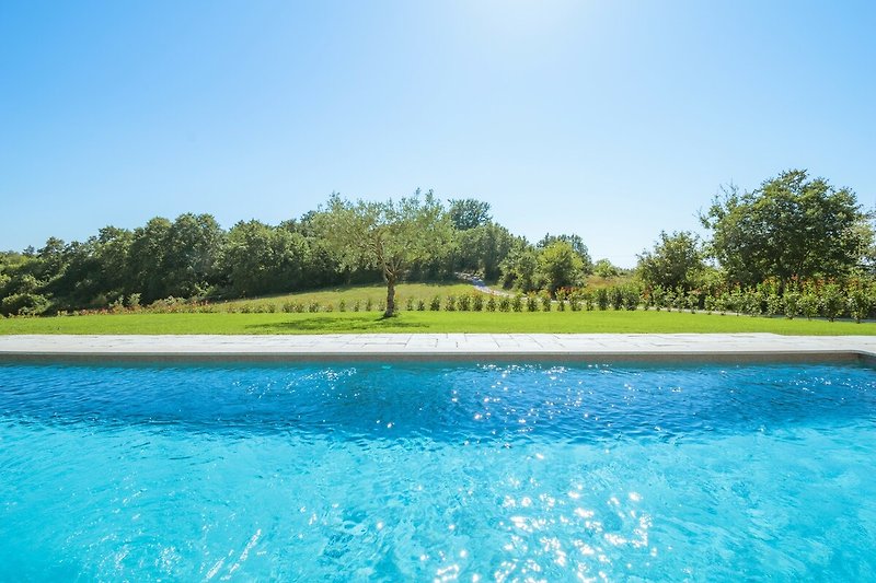 Ein rechteckiger Pool umgeben von blauem Wasser und grüner Vegetation.