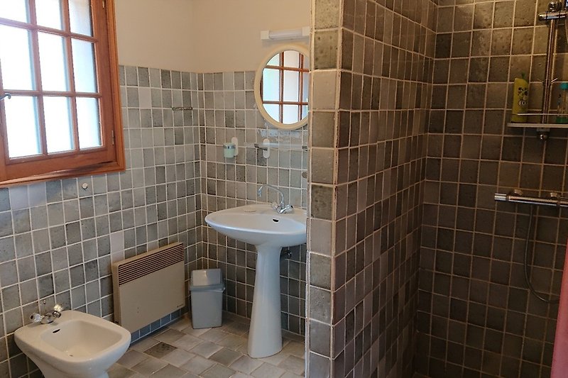 Salle d'eau au rez avec lavabo, bidet, douche, machine à laver et wc séparé