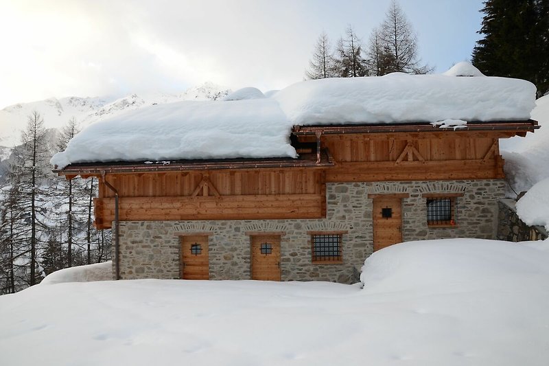 Una casa di legno invernale con tetto innevato, circondata da alberi e con una vista panoramica sulla campagna innevata.
