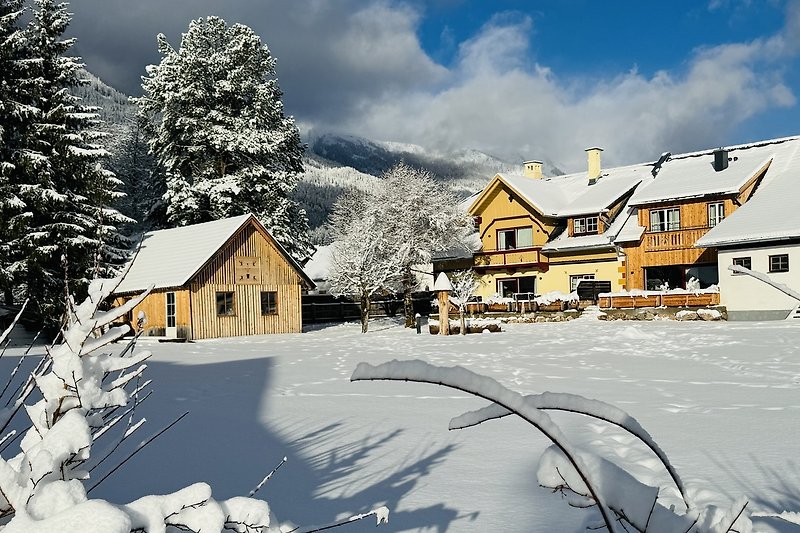 Ferienhaus Salzburger Land - Winterliche Berglandschaft mit Hütte und verschneiten Bäumen.