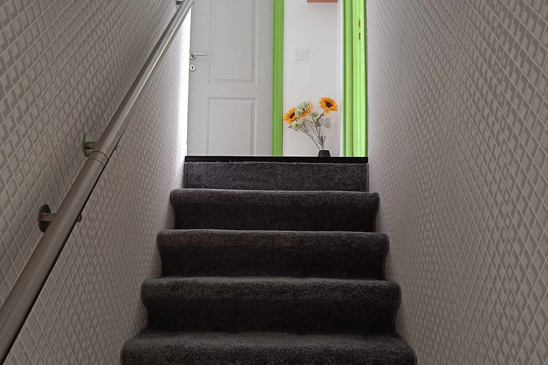 Moderne Treppe mit Glasgeländer und Pflanze.