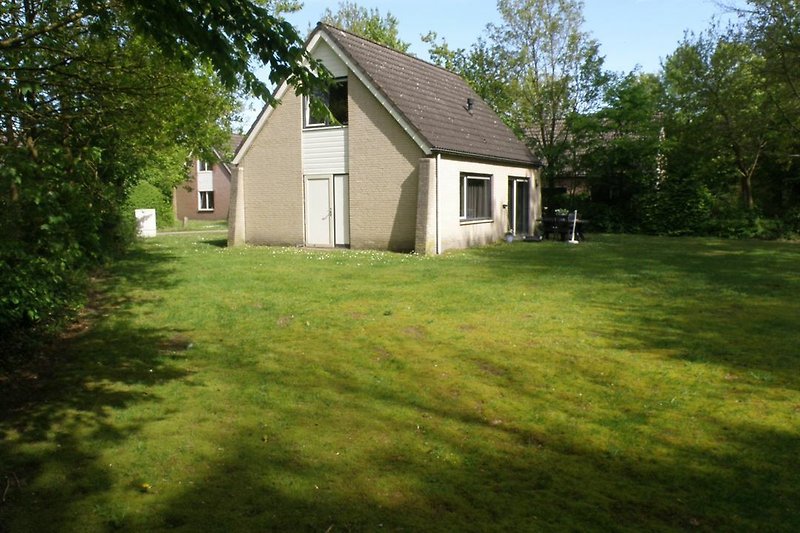 Gemütlicher Garten mit Holzhaus und üppiger Vegetation.