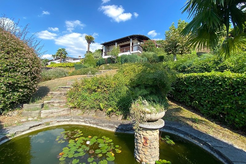 Blick vom Teich im Garten zum Haus