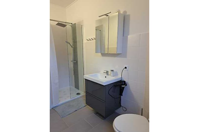 Ein modernes Badezimmer mit Regendusche und stilvoller Einrichtung.