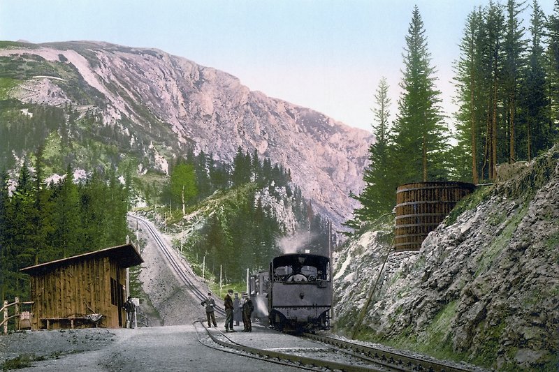 Dampflok Zahnradbahn Station Baumgartner um 1900 mit Blick zur Bergstation am Hochschneeberg (heute noch Sonderfahrten mit Dampfloks)