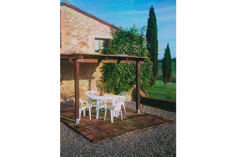 Sonnenterrasse links mit Pergola + Gartenmöbel