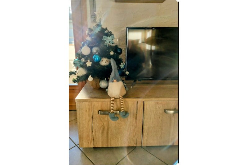 Un'immagine di una sala con mobili in legno, con piccolo albero di Natale.