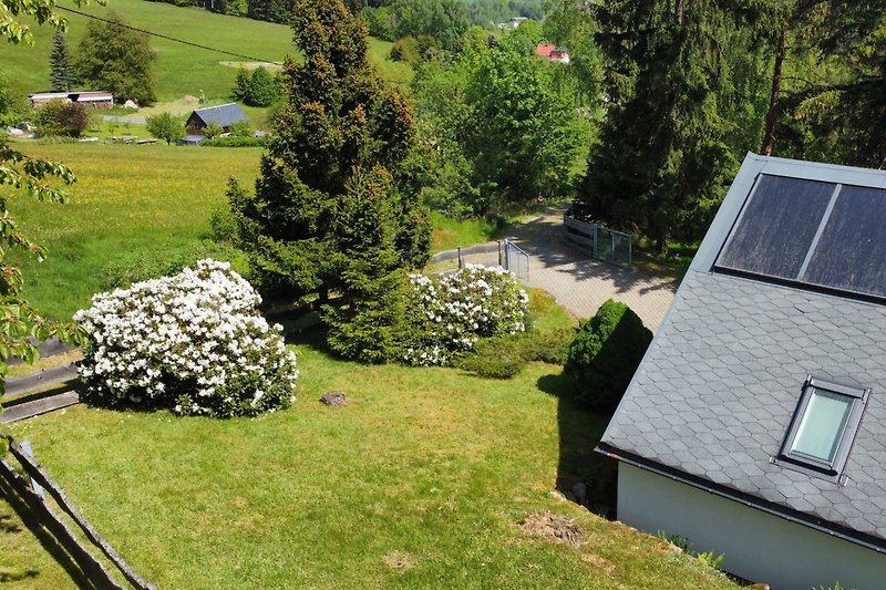 Schönes Haus mit grünem Garten und Solarpanel auf dem Dach.