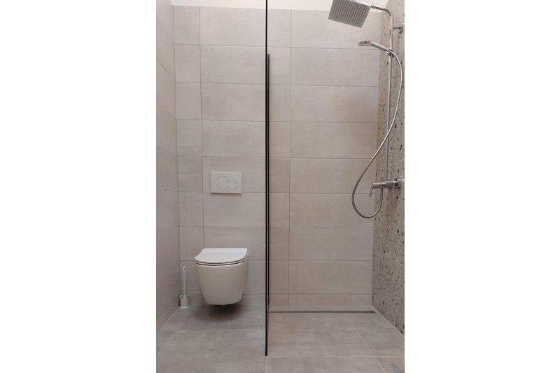 Modernes Badezimmer mit Dusche, Toilette und Fliesen.
