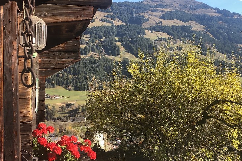 Bergiges Ferienhaus mit blühenden Pflanzen und malerischer Landschaft.