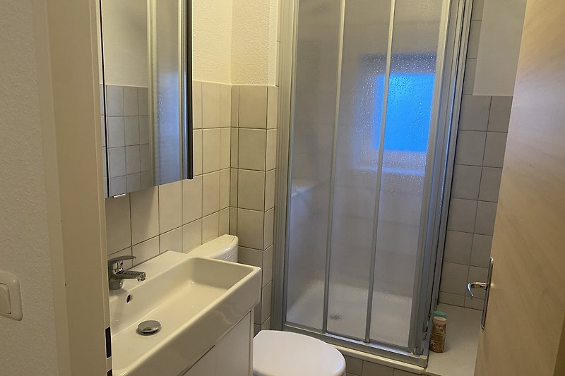 Duschbad mit Handtuchheizkörper, Fenster und beleuchtetem Spiegelschrank.