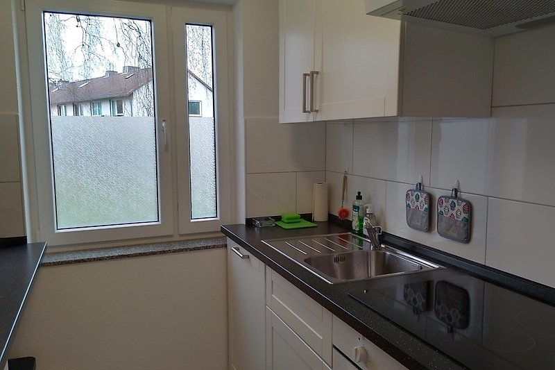Moderne Küche mit Arbeitsfläche, Spüle, Fenster und Schränken.