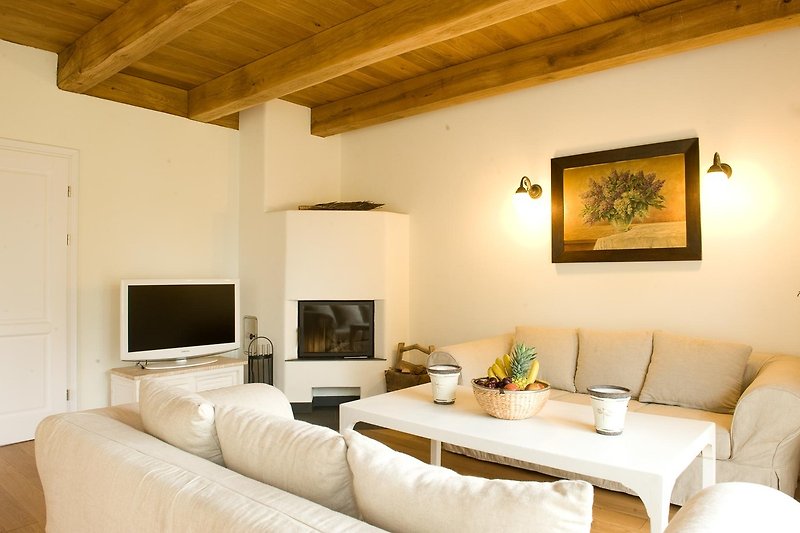 Gemütliches Wohnzimmer mit stilvoller Einrichtung und Kamin