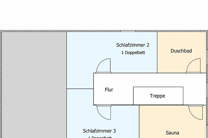Dachgeschoss. Dachschrägen sind kein Bestandteil der Grundrisszeichnungen.