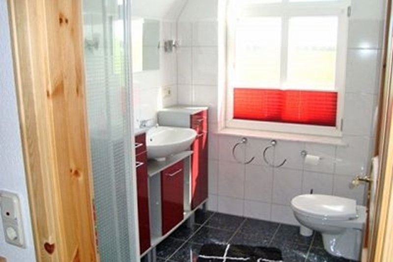 Badezimmer mit Badmöbeln,Dusche, Toilette , Spiegel und Fenster im OG.