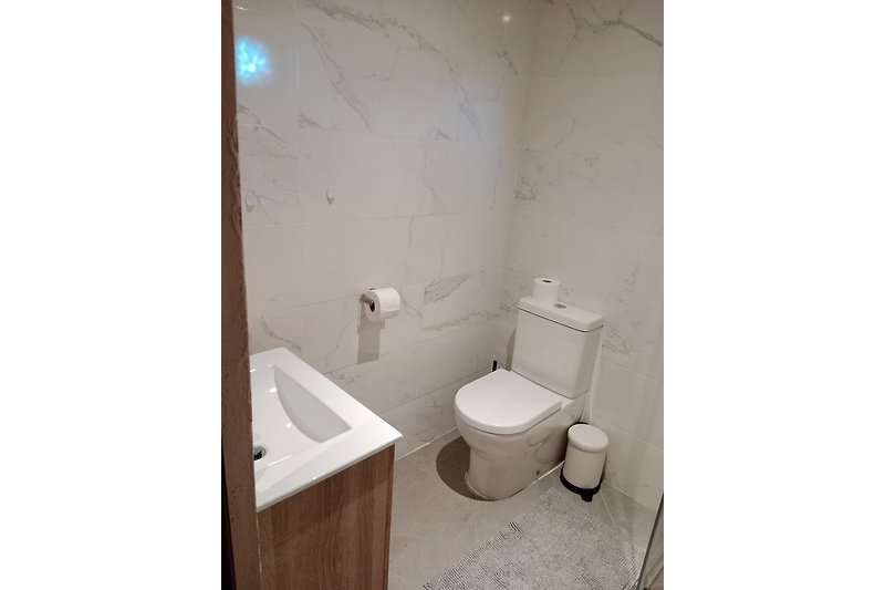 Badezimmer mit Toilette, Fliesen und Keramik.