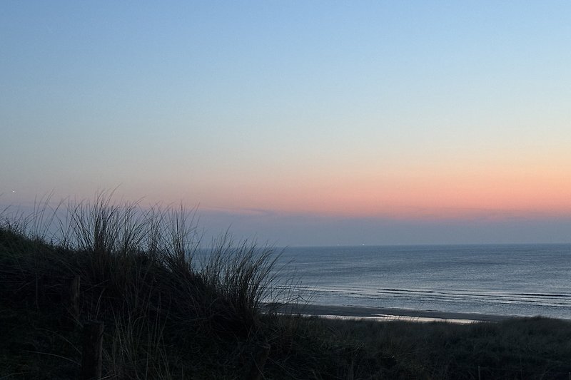 Blick auf den Ozean bei Sonnenaufgang mit grünen Hügeln.