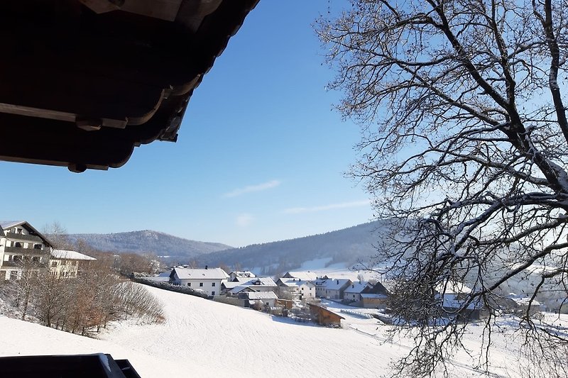 Blick vom Balkon auf die winterliche Landschaft