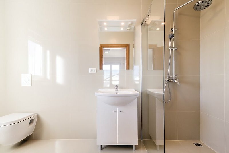 Elegantna kupaonica s modernim tušem i staklenim vratima.