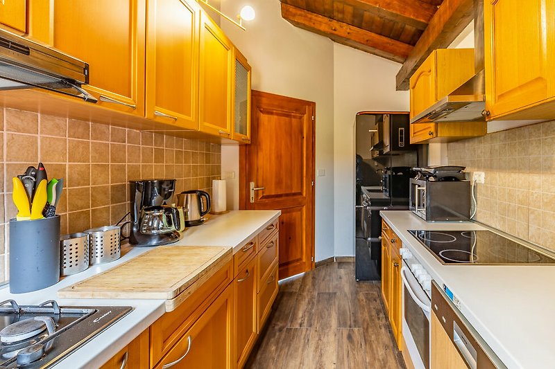 Predivan interijer kuhinje s drvenim kabinetskim elementima i kuhinjskim aparatima.