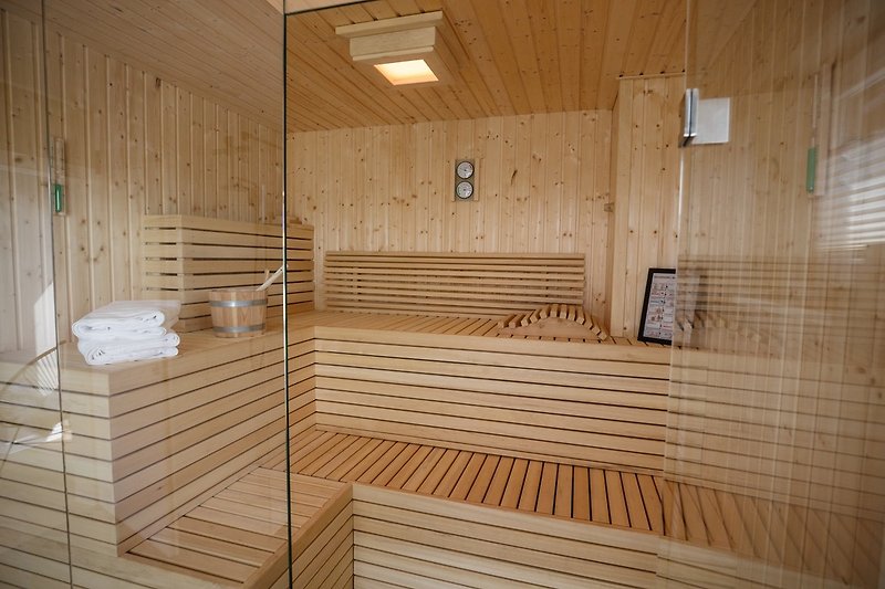 Blick in die verglaste Sauna