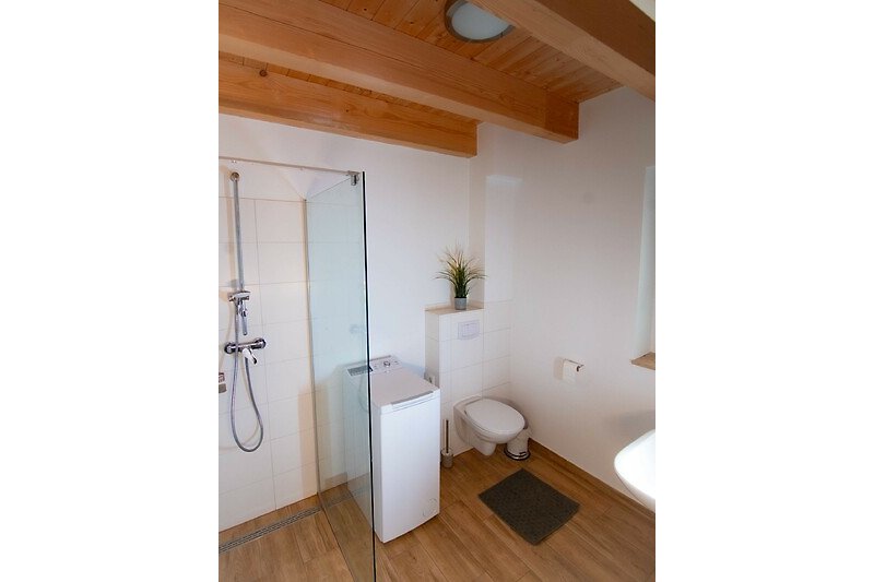Modernes Badezimmer mit großer Dusche und stilvoller Einrichtung.