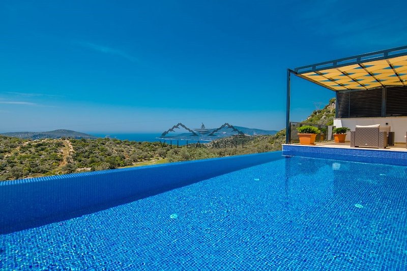 Luxuriöses Ferienhaus mit Pool, Meerblick und Palmen.