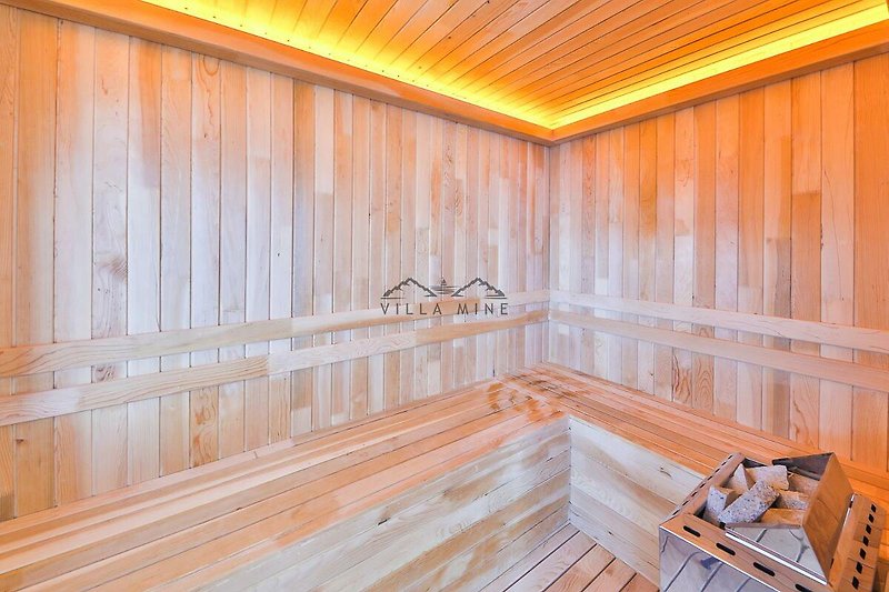 Elegante Holzdecke und Sauna im gemütlichen Raum.