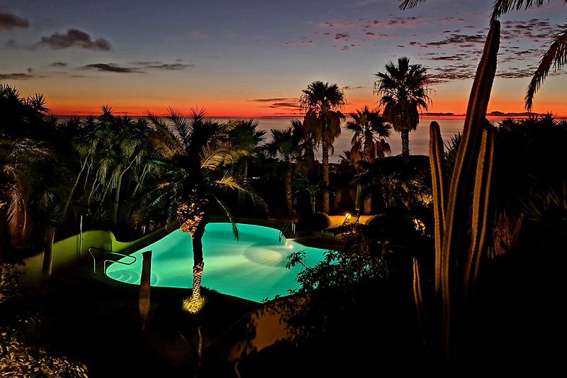 Tropischer Garten mit Pool bei Sonnenuntergang