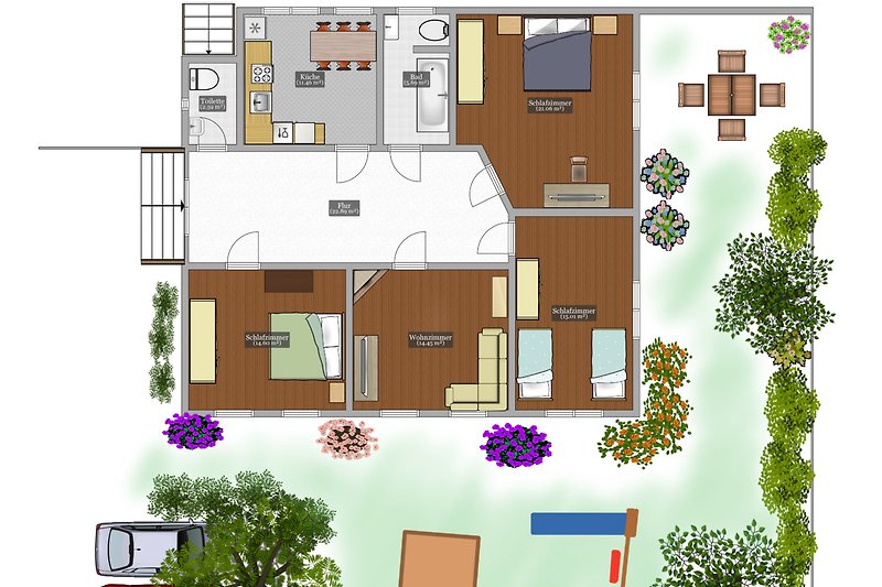 Grundriss Ferienwohnung Birklund mit Garten und Parkplatz