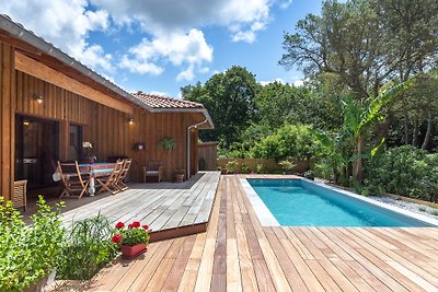 Maison en bois avec piscine chauffée et vue sur la forêt