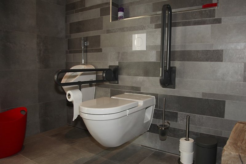 Ferienhaus ievers yn Fryslân hat zwei Badezimmer mit Dusche, Waschbecken und Toilette. 1 Badezimmer ist auch für Menschen mit Behinderungen